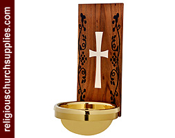 Wooden Font with Black Inlay Work Brass Bowl