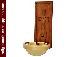 Wooden Carved Cross Font with Brass Bowl