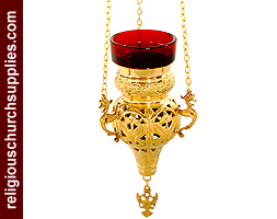 Brass Sanctuary Lamp with Red Glass